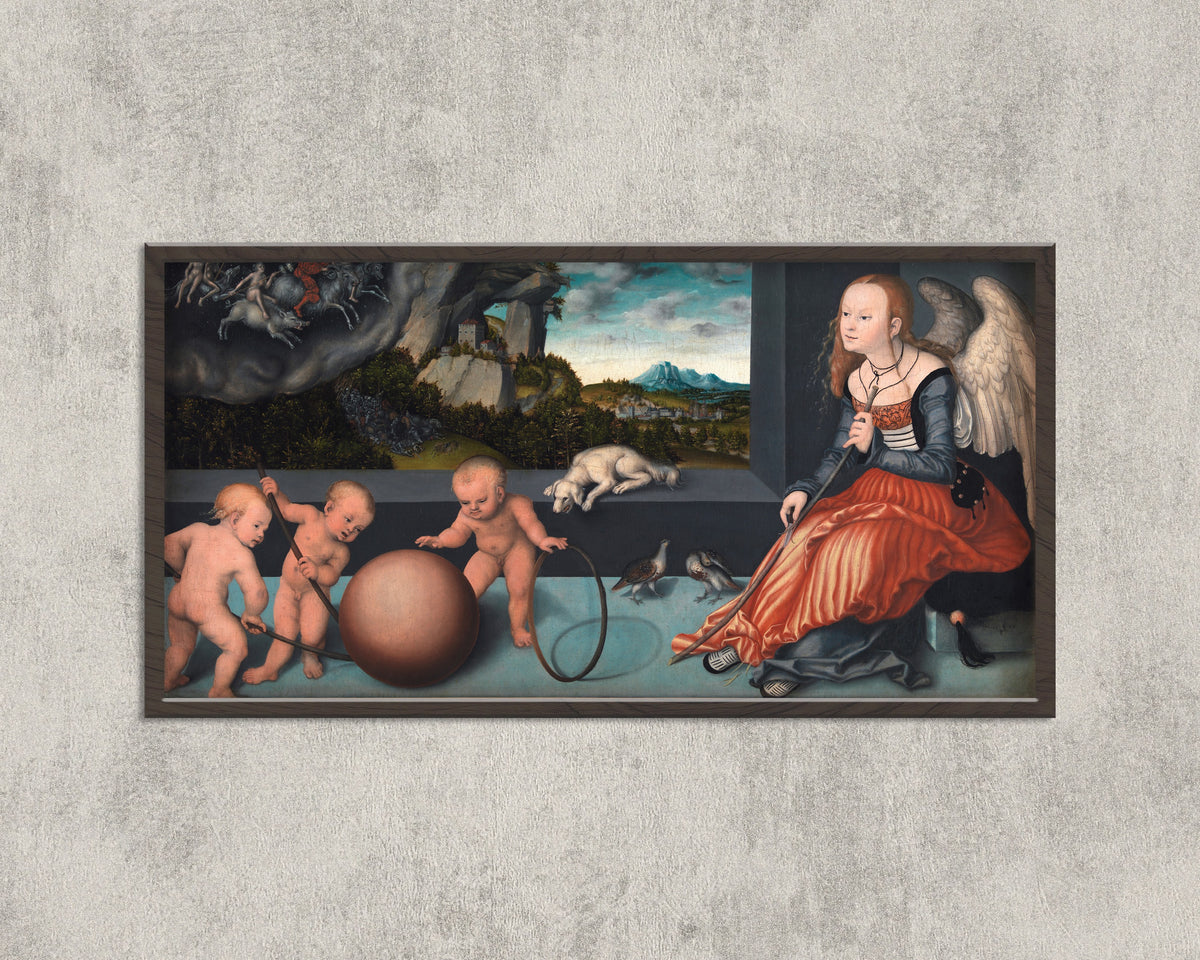 Framed art print of Melancholy by Lucas Cranach the Elder, in a wide black frame on a concrete wall