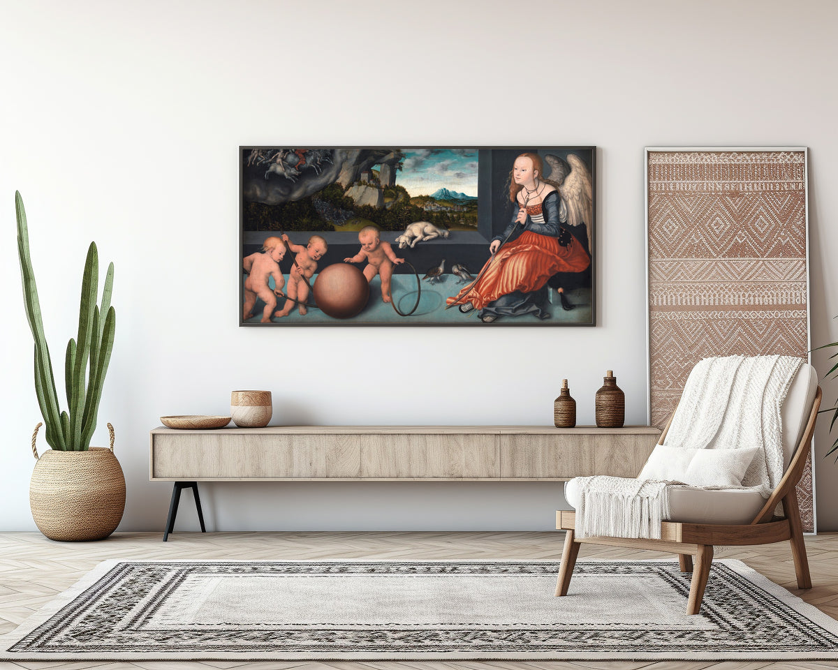 Framed art print of Melancholy by Lucas Cranach the Elder, above a sideboard in a living room