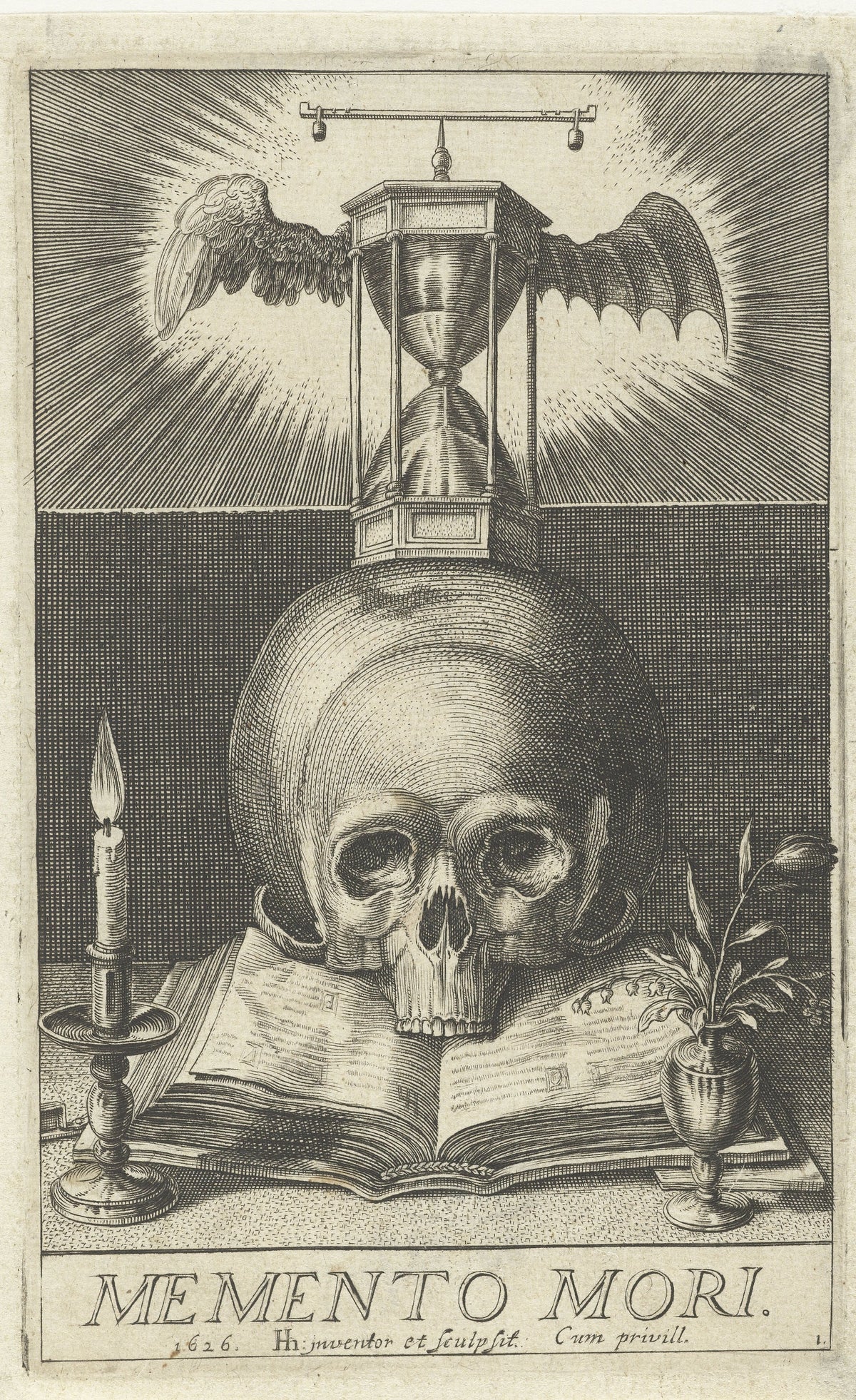 Memento Mori by Hendrick Hondius I — A winged hourglass stands on a skull beside a candle and an open book