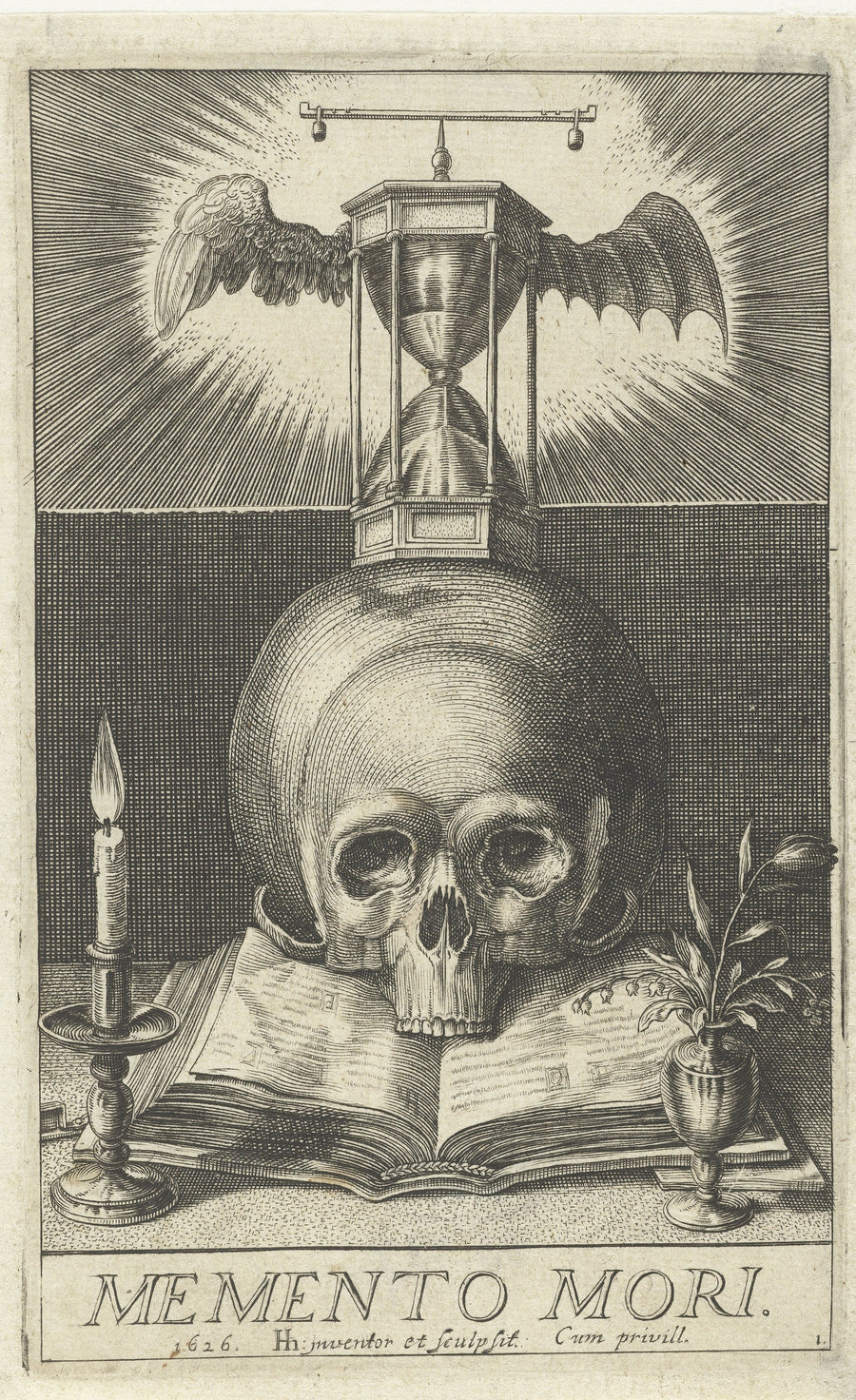 Hendrick Hondius I — Memento Mori | Engraving Print shown to scale on a wall above a sofa