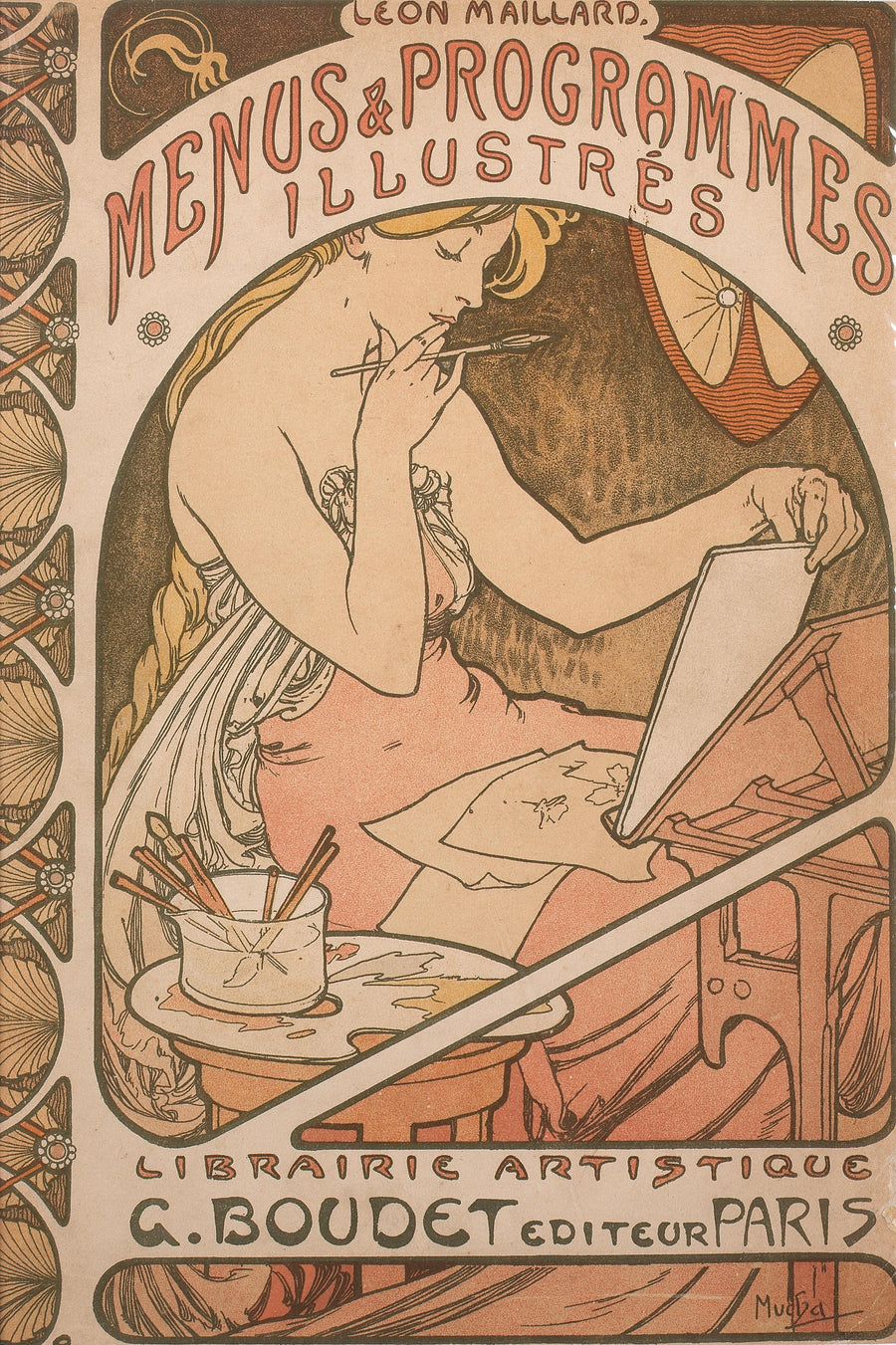 Alphonse Mucha — Menus et Programmes illustrés | Vintage Poster Print shown to scale on a wall above a sofa