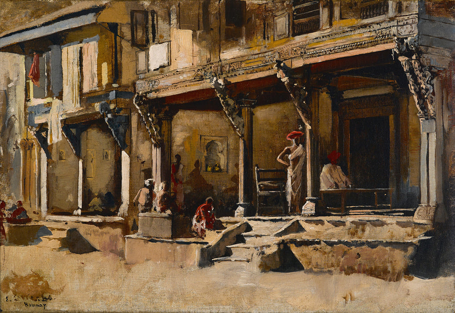Edwin Lord Weeks — Merchants in Bombay | Art Print shown to scale on a wall above a sofa