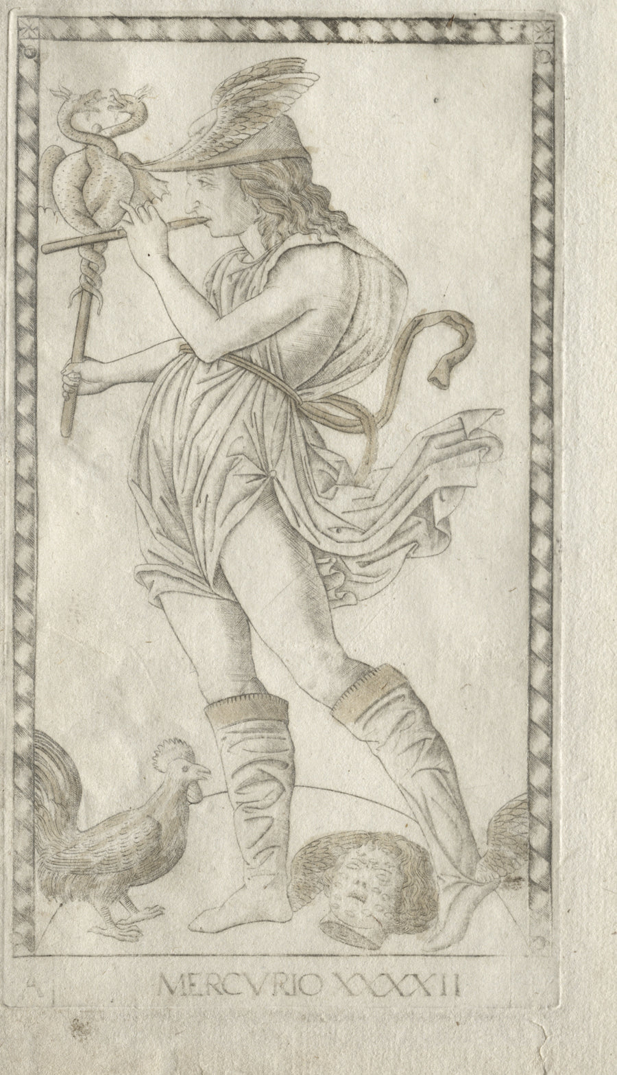 Master of the E-Series Tarocchi — Mercury (from the Tarocchi, Series A: Firmaments of the Universe, no. 42) | Esoteric Art Print shown to scale on a wall above a sofa