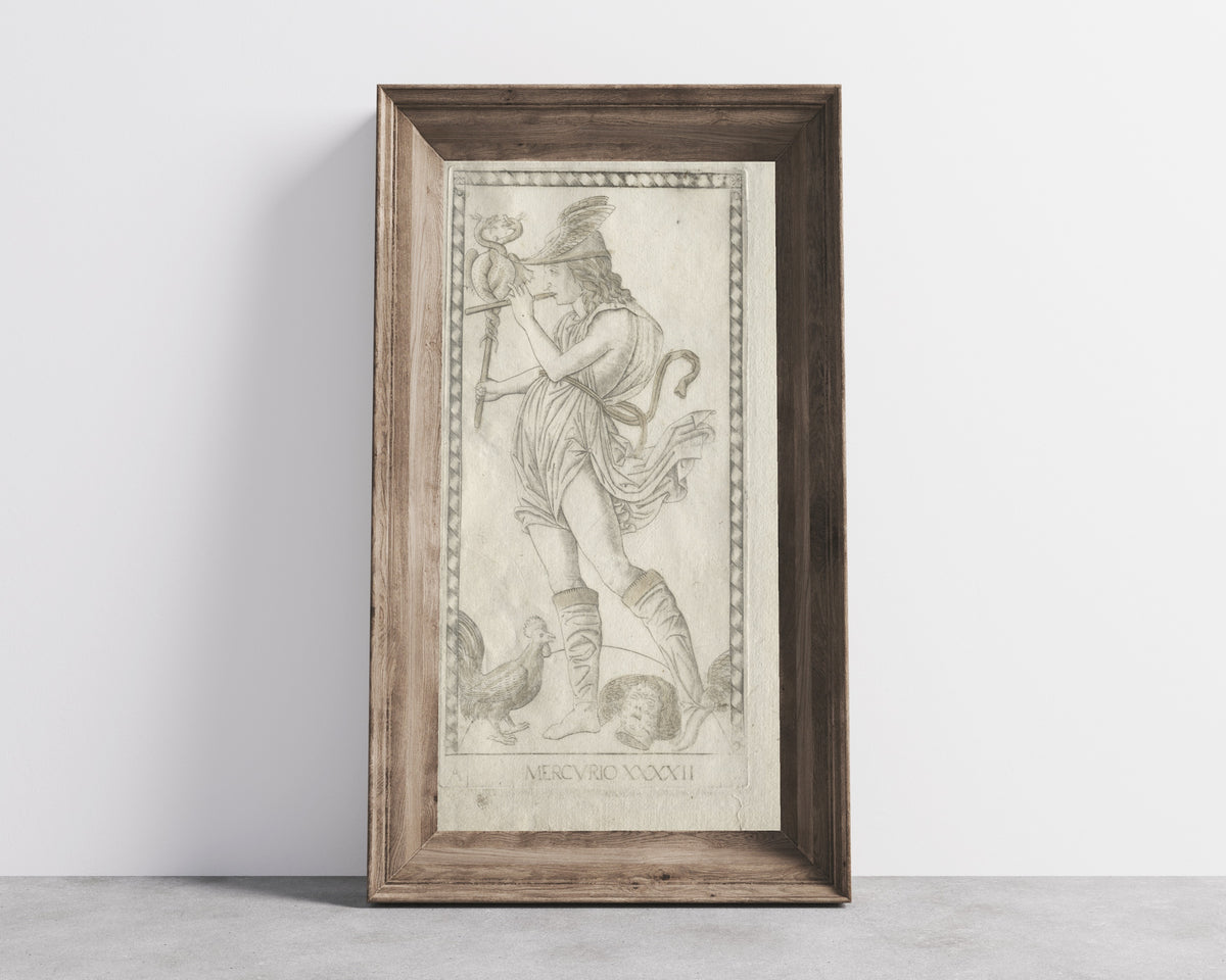 Framed art print of Mercury (from the Tarocchi, Series A… by Master of the E-Series Tarocchi, in a wide wooden frame leaning against a concrete wall