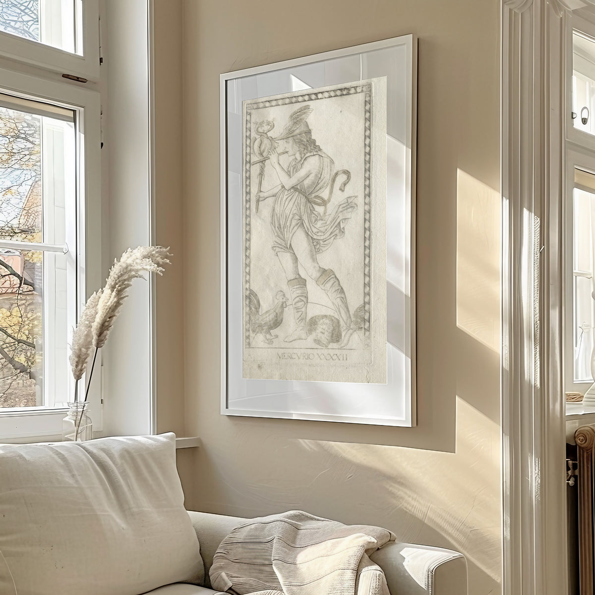 Framed art print of Mercury (from the Tarocchi, Series A: Firmaments of the Universe… by Master of the E-Series Tarocchi, in a sunlit living room above a sofa
