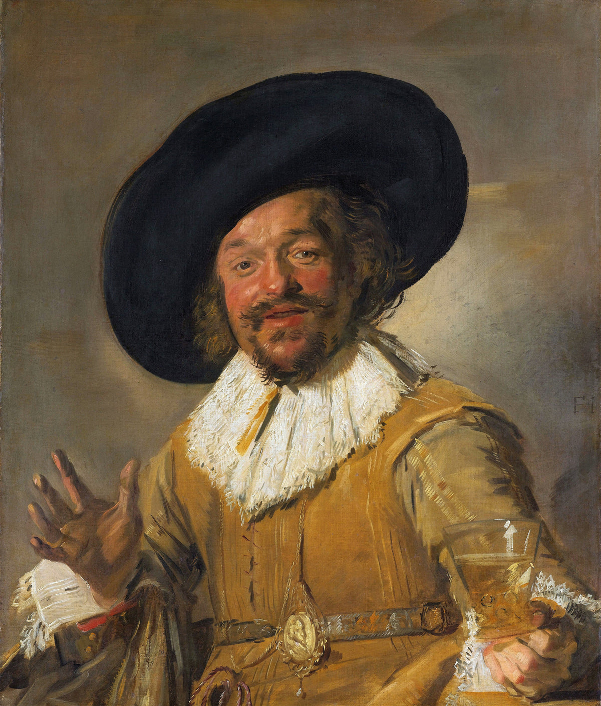 Merry Drinker by Frans Hals — A laughing man in a wide black hat holds out his glass