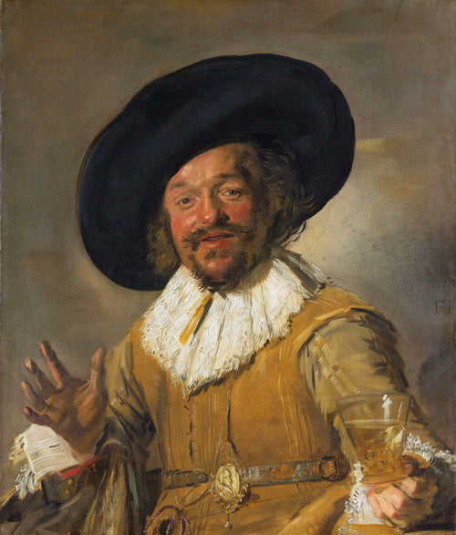 Merry Drinker by Frans Hals — A laughing man in a wide black hat holds out his glass