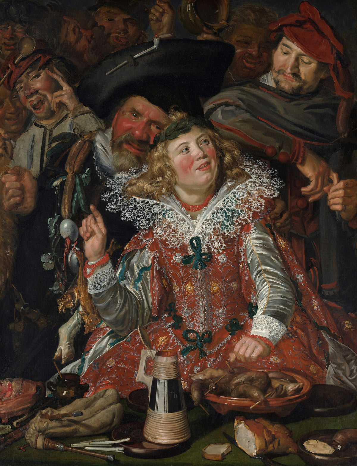 Merrymakers at Shrovetide by Frans Hals — A crowd of laughing revellers pressed around a red-gowned figure