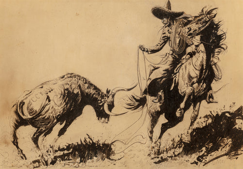 Mexican Steer on the Prod by Edward Borein — A rider in a sombrero wheels his horse as a longhorn steer charges