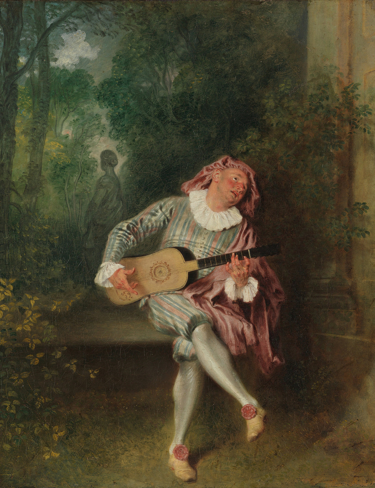 Mezzetin by Jean-Antoine Watteau — A costumed man in a rose cap plays guitar on a garden bench