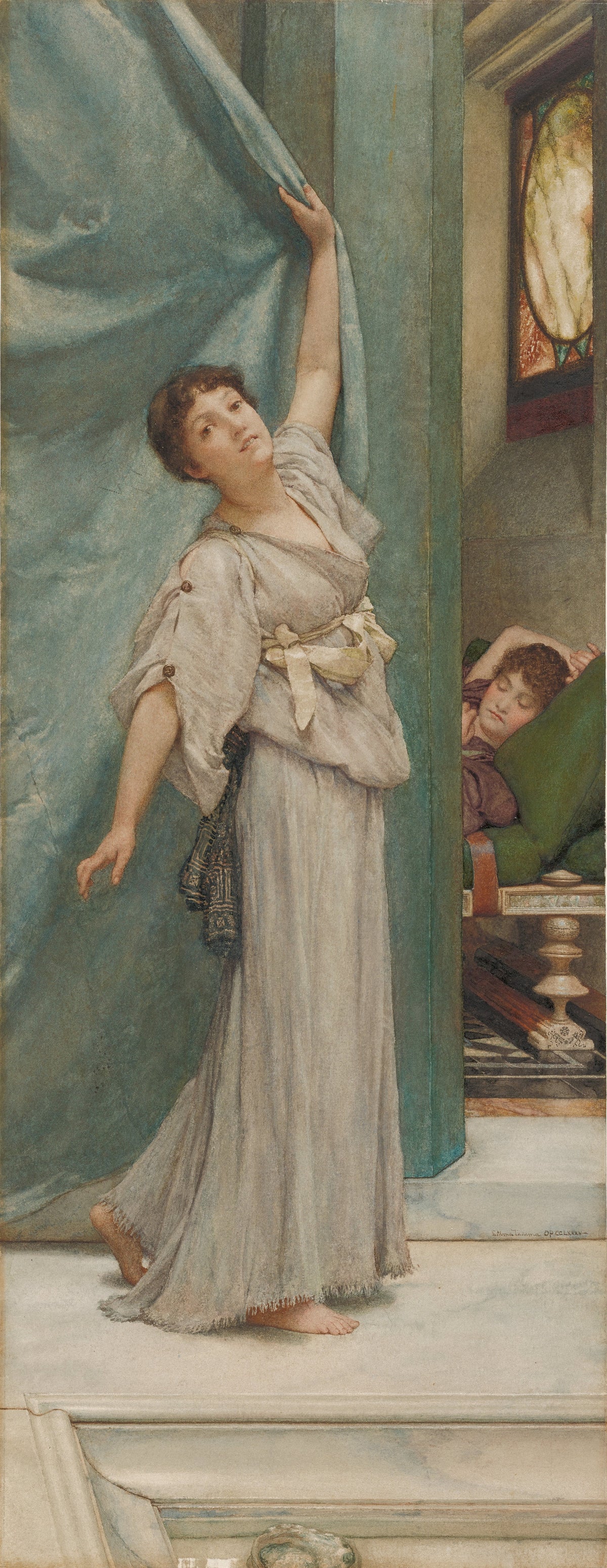 Midday Slumbers by Lawrence Alma-Tadema — A woman draws back a blue-green curtain on a sleeper beyond