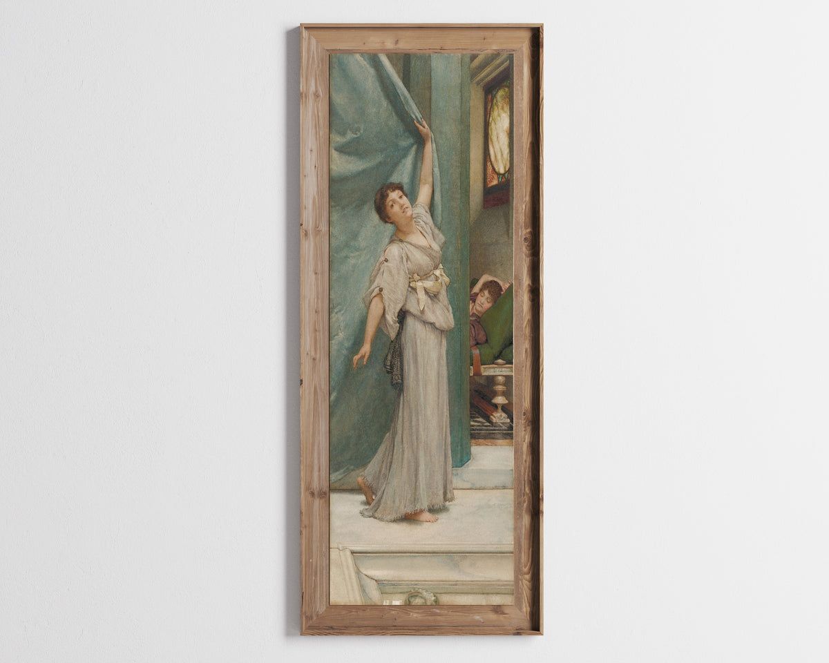 Framed art print of Midday Slumbers by Lawrence Alma-Tadema, in a tall wooden frame on a pale wall