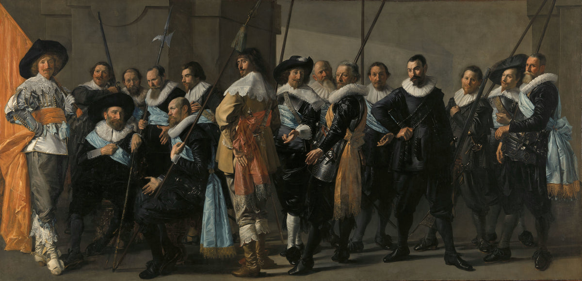 Militia Company of District XI under the Command of Captain Reynier Reael, Known as ‘The Meagre Company’ by Frans Hals — Sixteen militiamen in black and light
