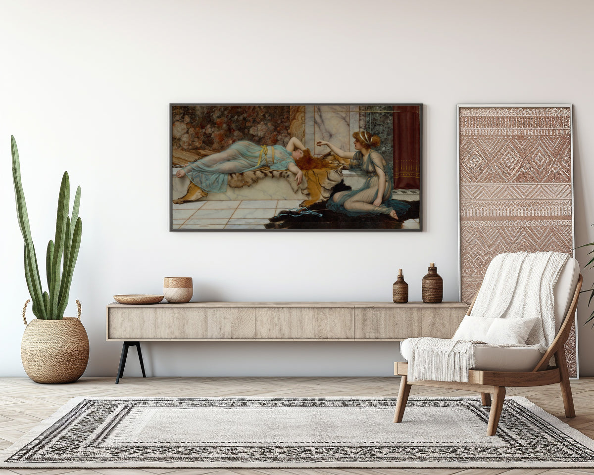 Framed art print of Mischief and Repose by John William Godward, above a sideboard in a living room