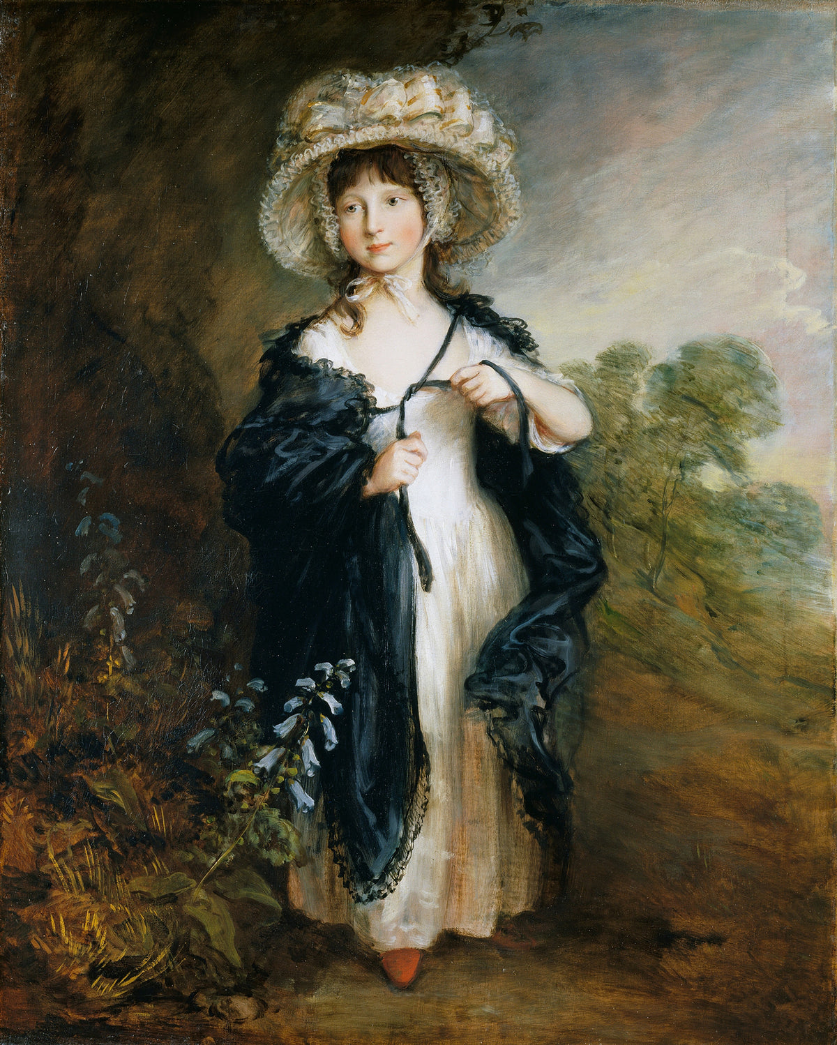 Miss Elizabeth Haverfield by Thomas Gainsborough — A young girl in a ruffled white bonnet and dark shawl outdoors