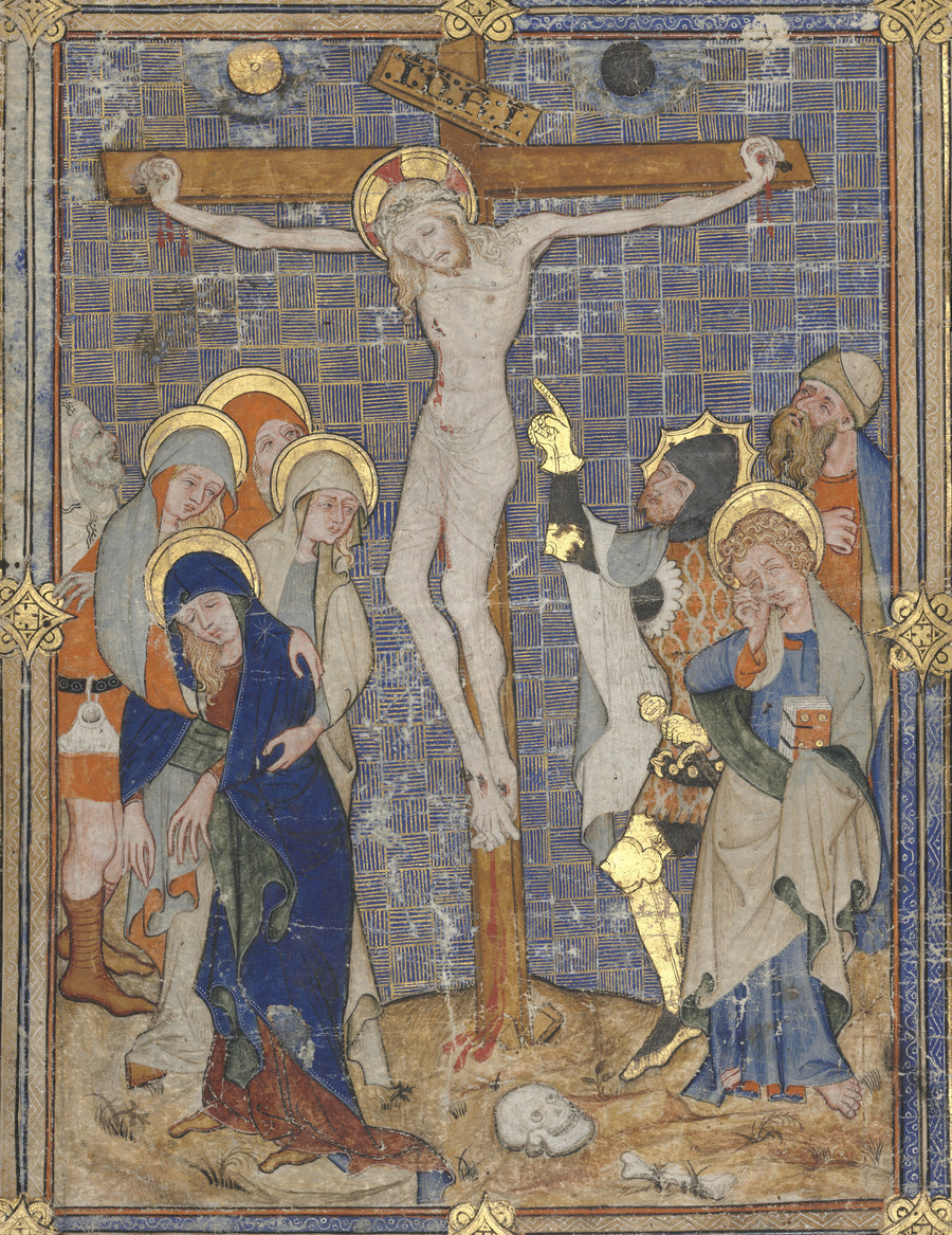 Missal: The Crucifixion | Illuminated Manuscript Print shown to scale on a wall above a sofa
