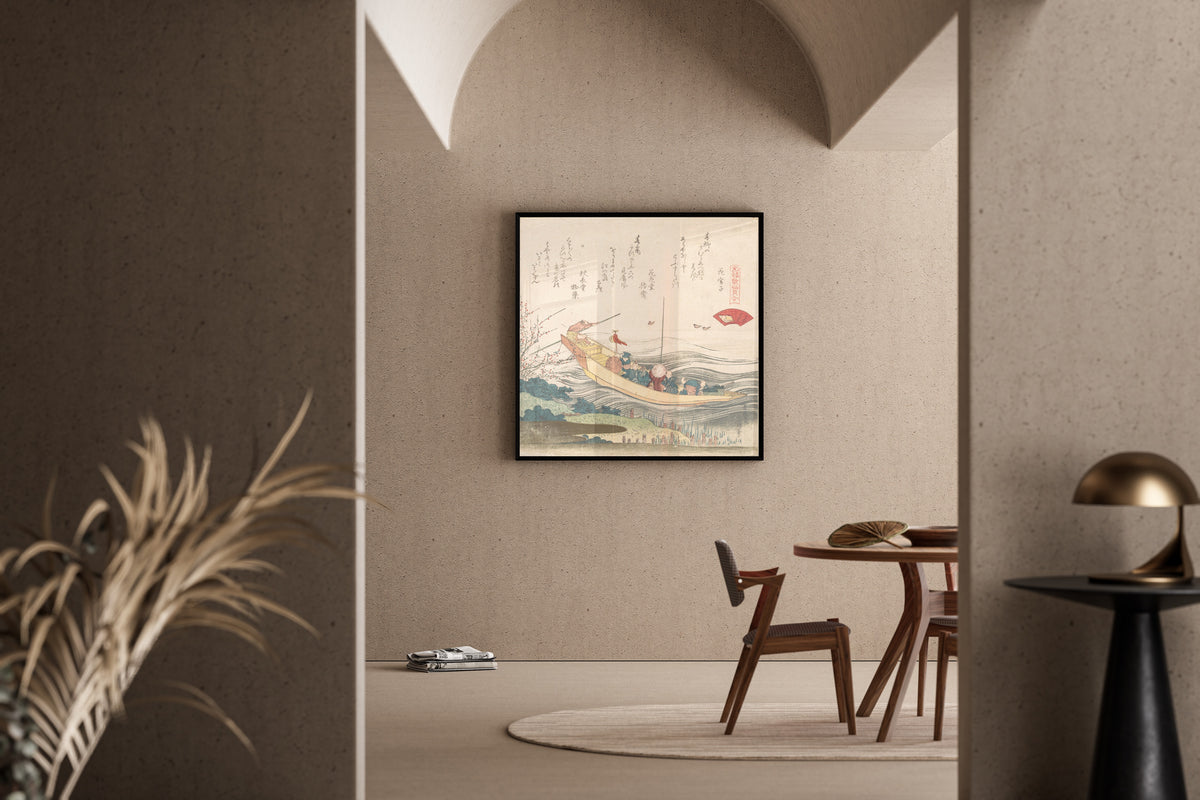 Framed art print of Miyako Shell by Katsushika Hokusai, in a sunlit dining corner