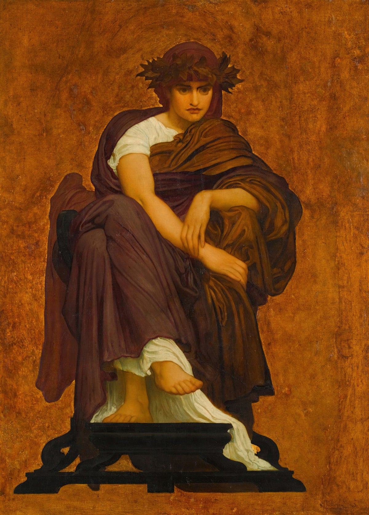 Mnemosyne, Mother of the Muses by Frederic Leighton — Mnemosyne sits enthroned in a laurel wreath on a glowing amber ground