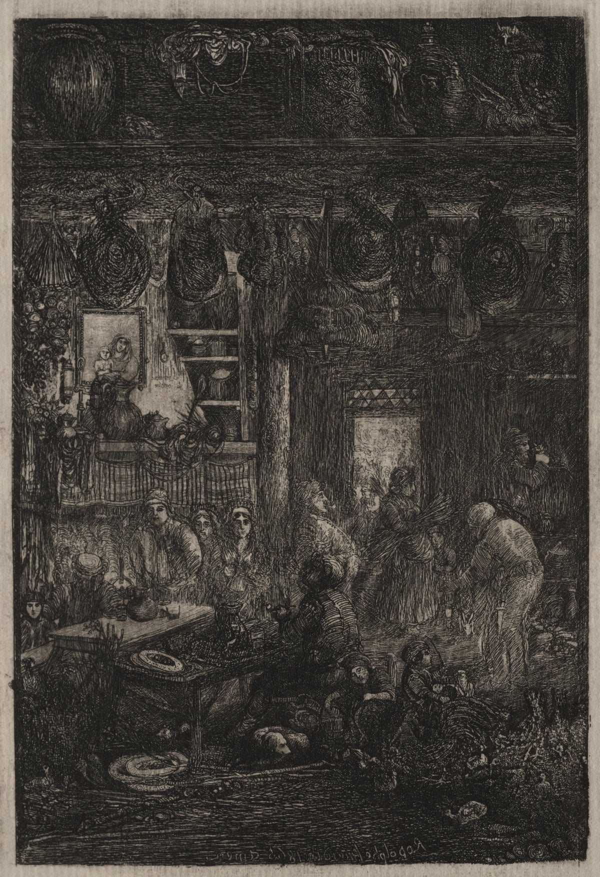 Moldavian Interior by Rodolphe Bresdin — A crowded, smoky peasant room lit from an open doorway