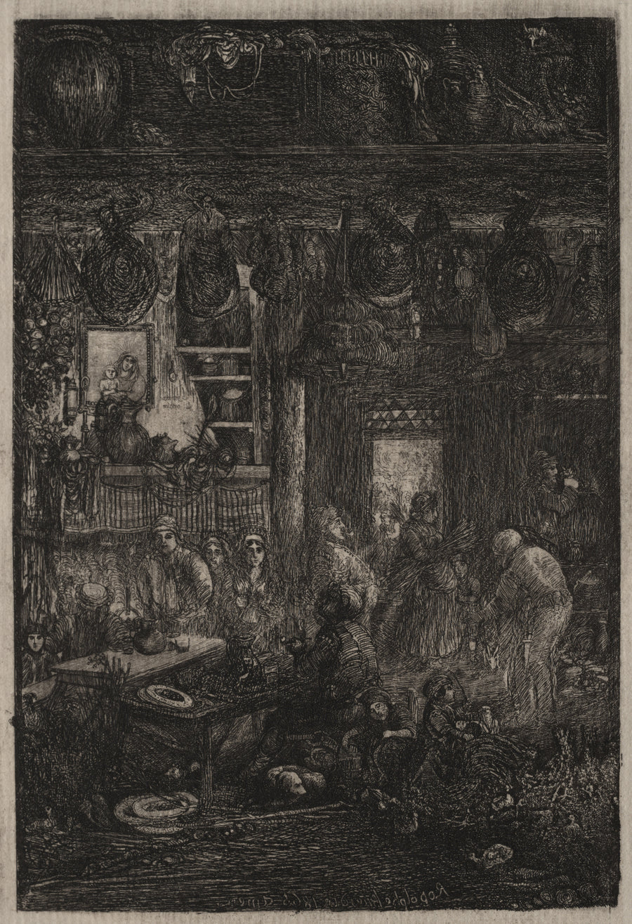 Rodolphe Bresdin — Moldavian Interior | Etching Print shown to scale on a wall above a sofa