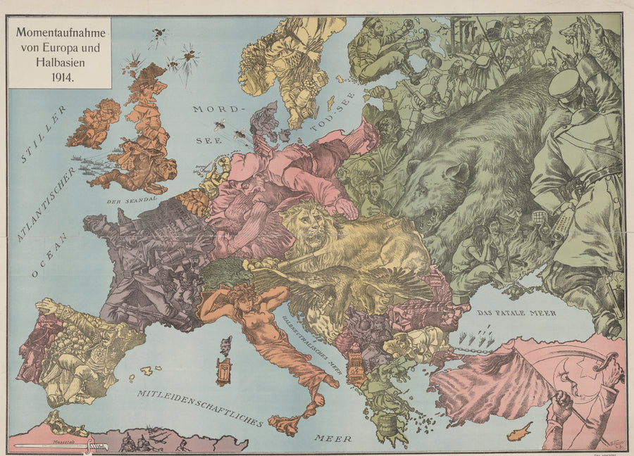 W. Kaspar — Momentaufnahme von Europa und Halbasien 1914 | Satirical Map Print shown to scale on a wall above a sofa