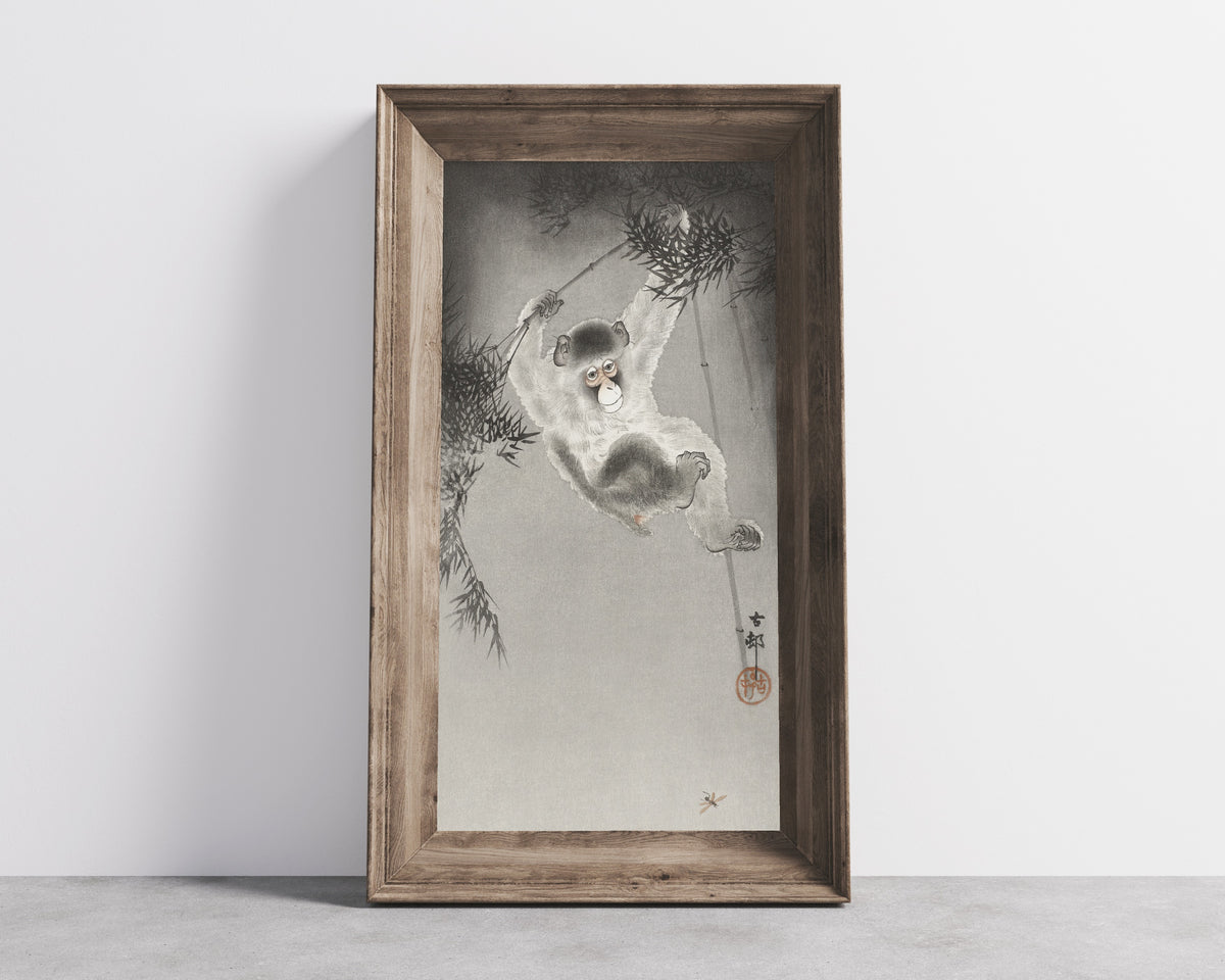 Ohara Koson — Monkey Hanging from Bamboo Branch | Japanese Bird & Flower Woodblock Print