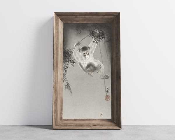 Ohara Koson — Monkey Hanging from Bamboo Branch | Japanese Bird & Flower Woodblock Print