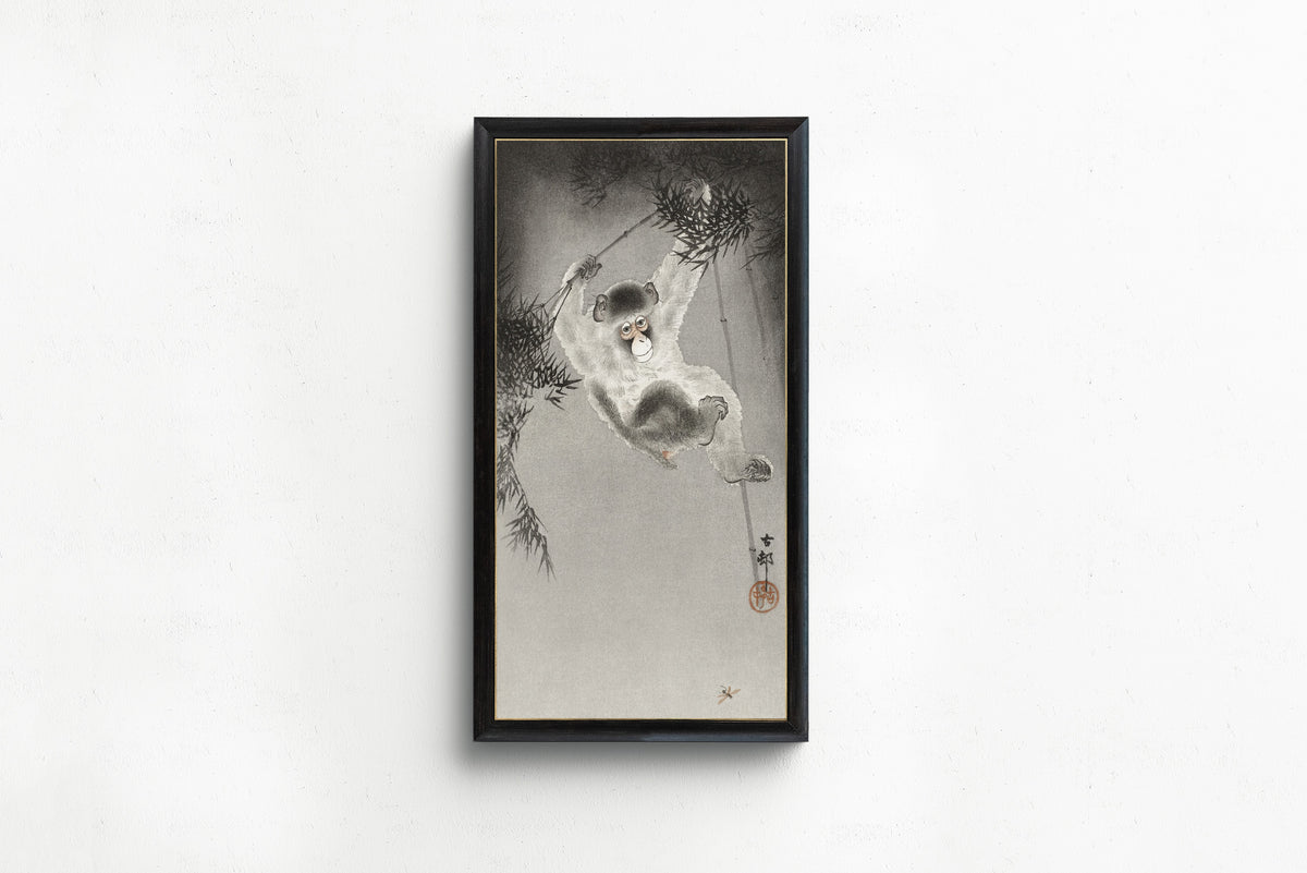 Ohara Koson — Monkey Hanging from Bamboo Branch | Japanese Bird & Flower Woodblock Print