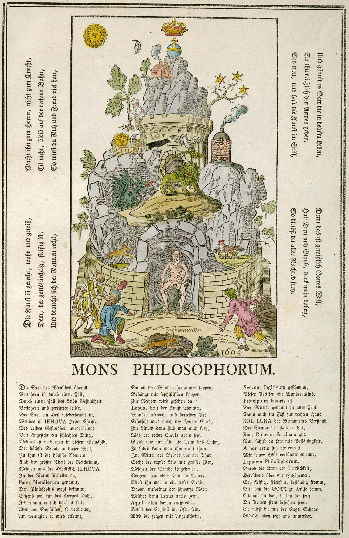 Mons Philosophorum: the Mountain of the Philosophers by Unknown artist — Seekers approach a crowned mountain guarded by a green lion