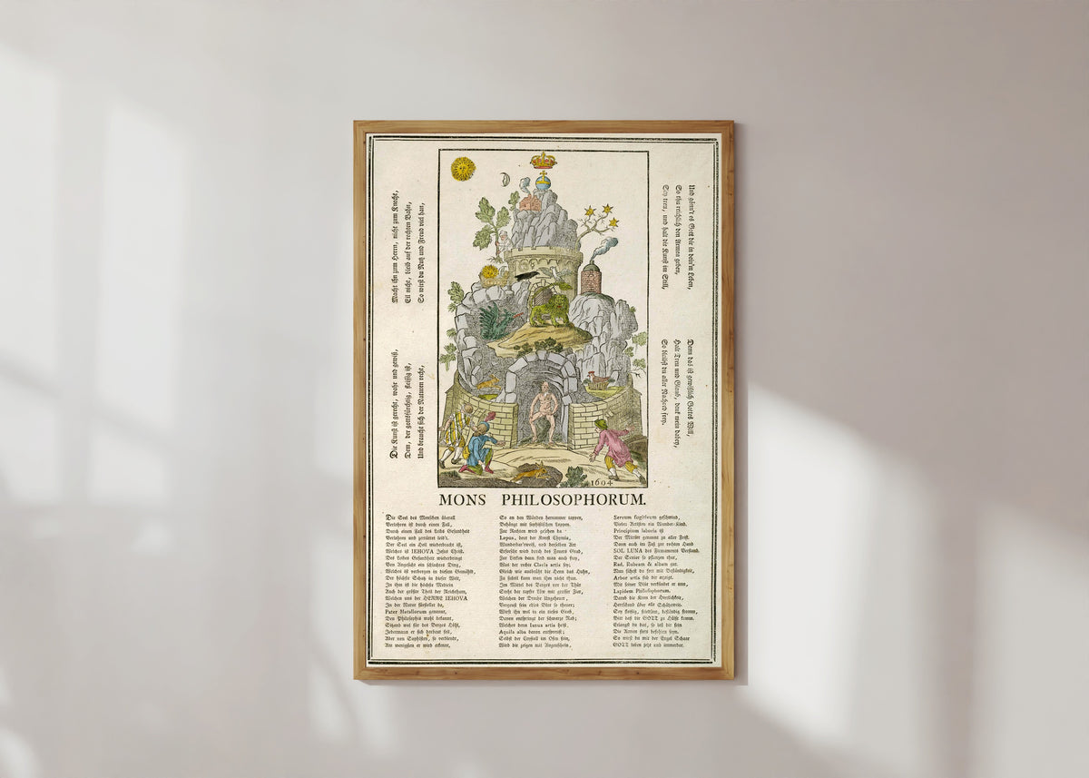Framed art print of Mons Philosophorum: the Mountain of the Philosophers by Unknown artist, in a light wood frame on a sunlit white wall