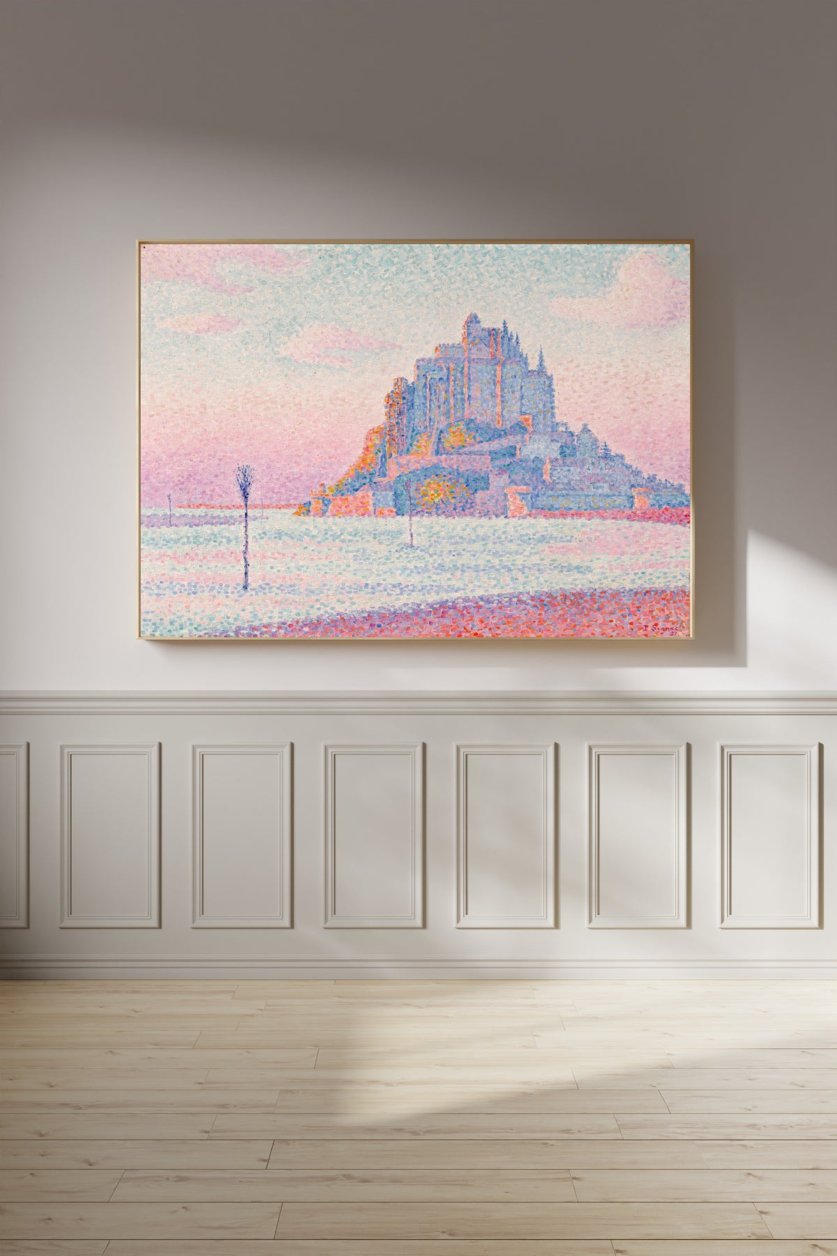 Framed art print of Mont Saint-Michel, Setting Sun by Paul Signac, on a panelled wall in afternoon light