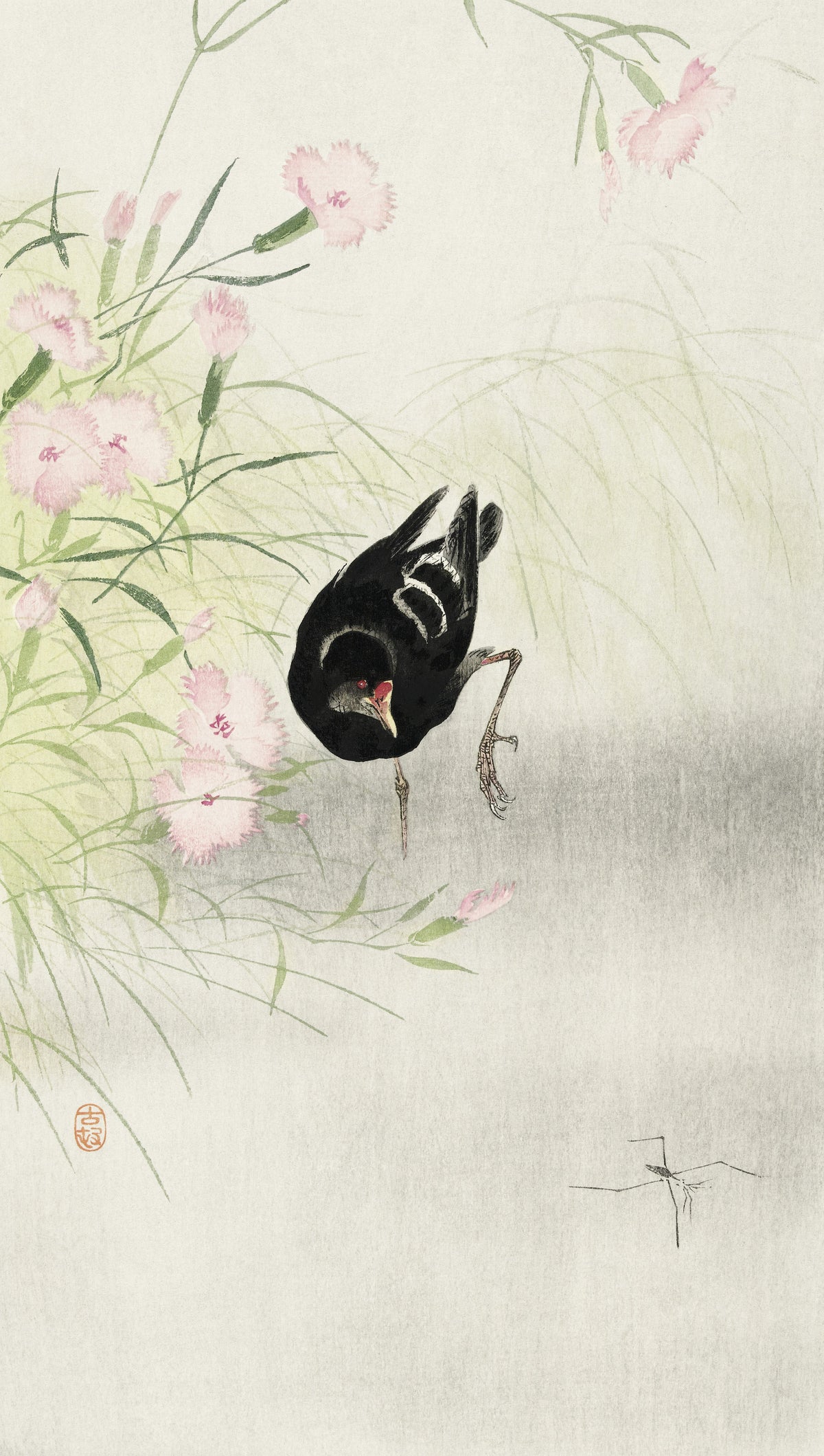 Moorhen at a Flowering Plant by Ohara Koson — A black moorhen lifts one foot among pink flowers