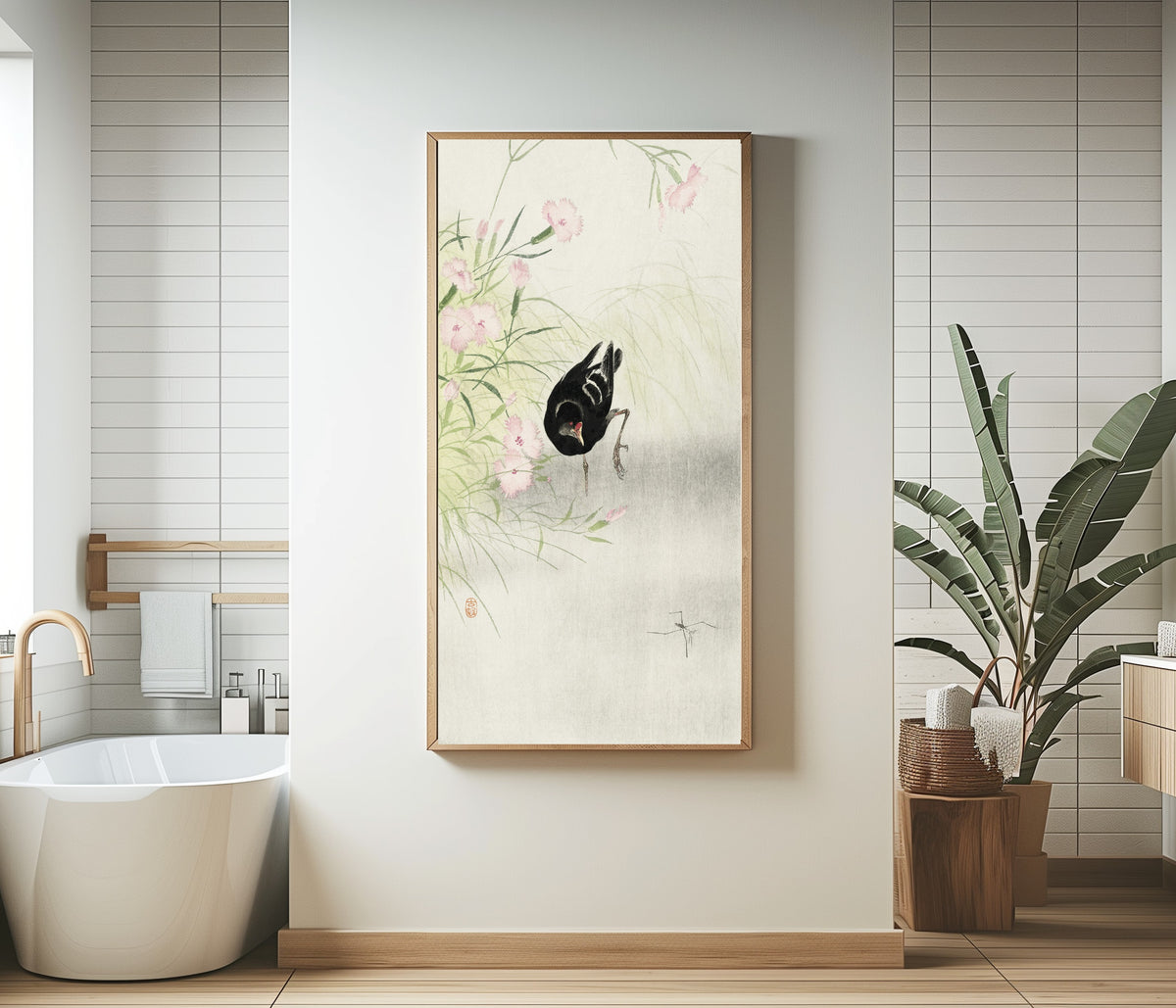 Framed art print of Moorhen at a Flowering Plant by Ohara Koson, in a bathroom beside a freestanding tub