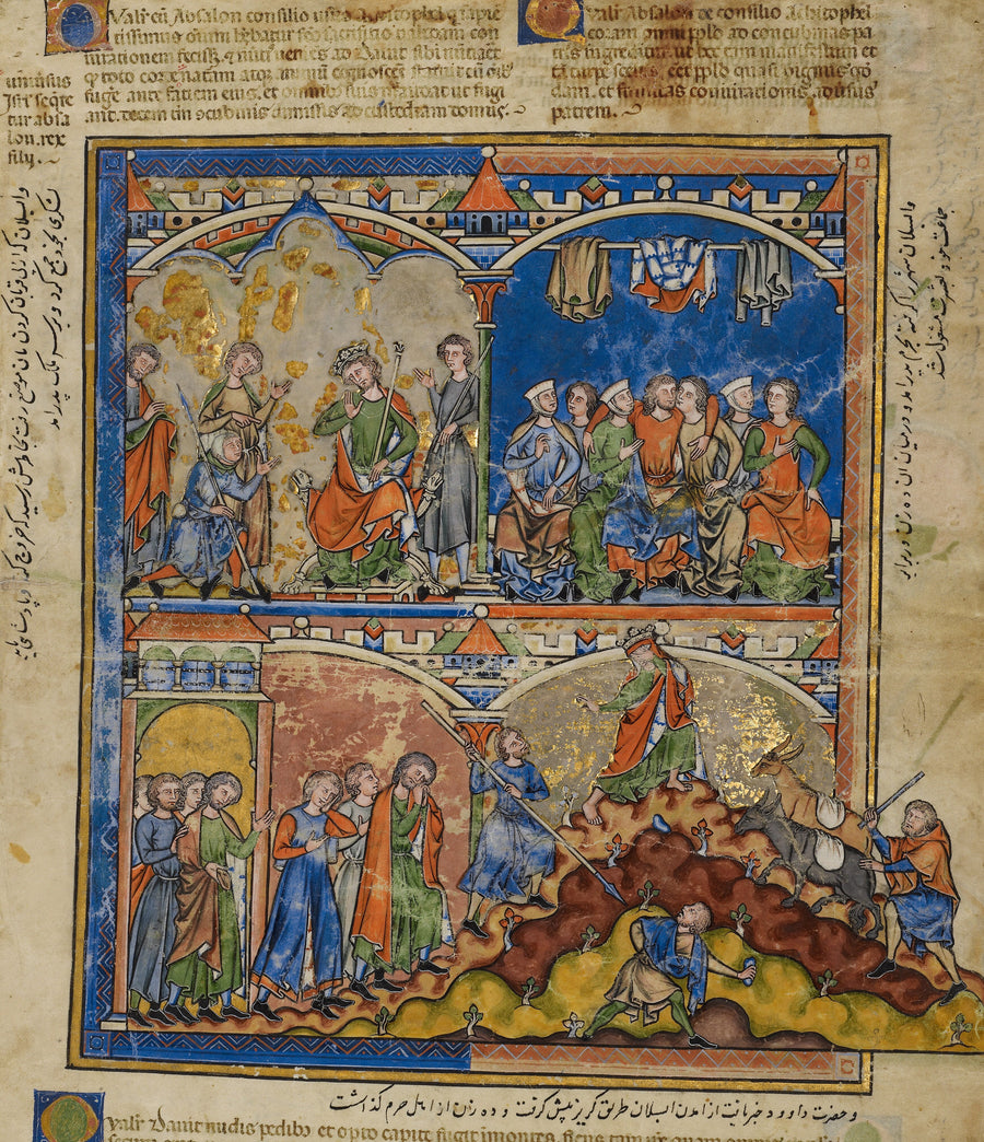 Morgan Picture Bible: Scenes from the Life of David | Illuminated Manuscript Print shown to scale on a wall above a sofa