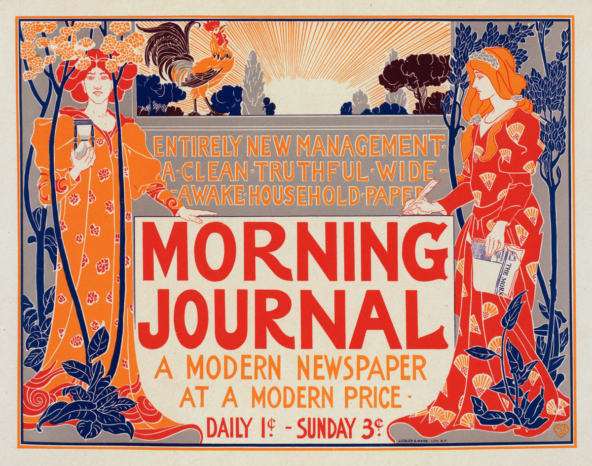 Morning Journal by Louis Rhead — Two women in orange and red flank a rooster before a sunburst