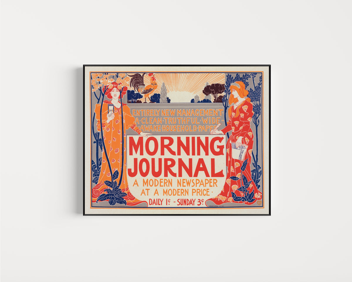 Framed art print of Morning Journal by Louis Rhead, in a slim black frame on a plain white wall