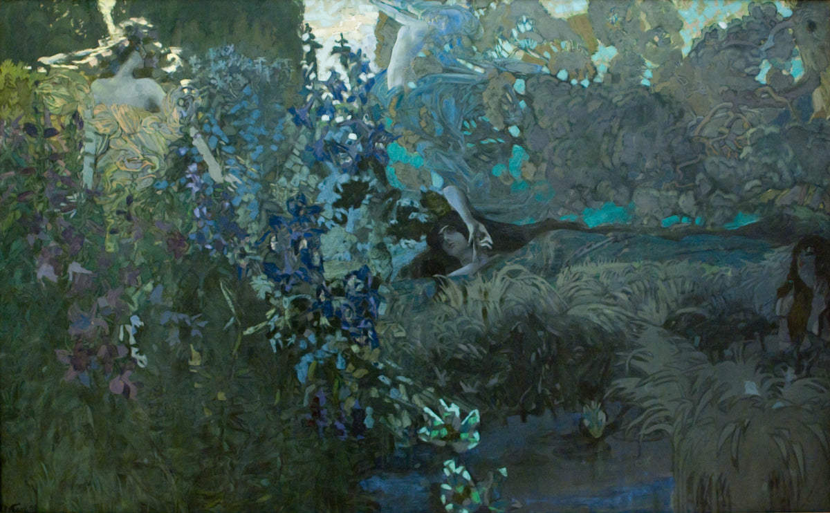 Morning by Mikhail Vrubel — Pale figures drift through a blue-green glade of flowers and lilies