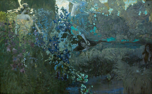 Morning by Mikhail Vrubel — Pale figures drift through a blue-green glade of flowers and lilies