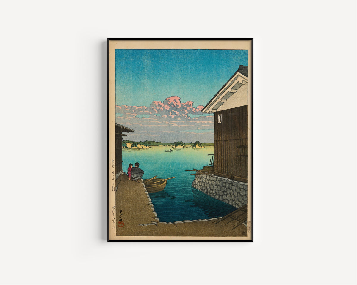 Framed art print of Morning in Yobuko, Hizen by Kawase Hasui, in a slim black frame on a plain white wall