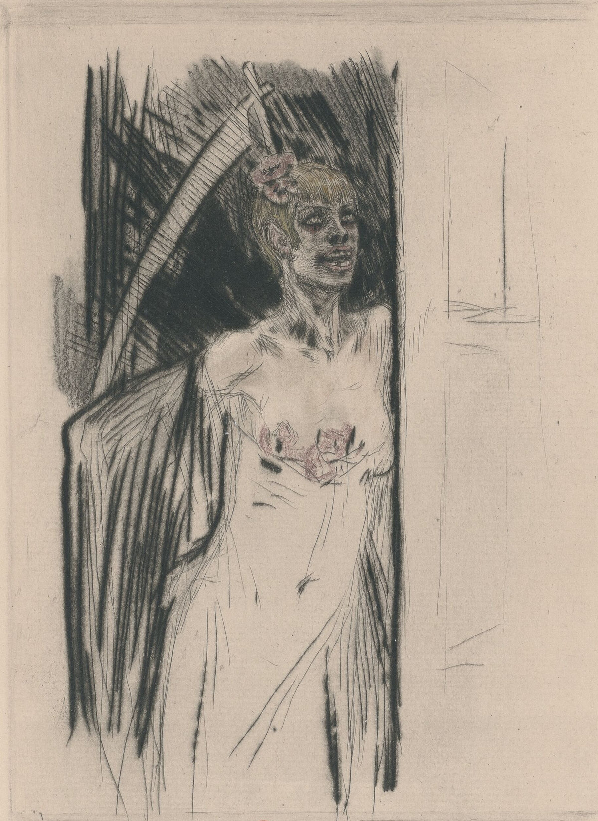 Mors syphilitica (2nd state, heightened proof) by Félicien Rops — A grinning woman stands before the blade of a scythe