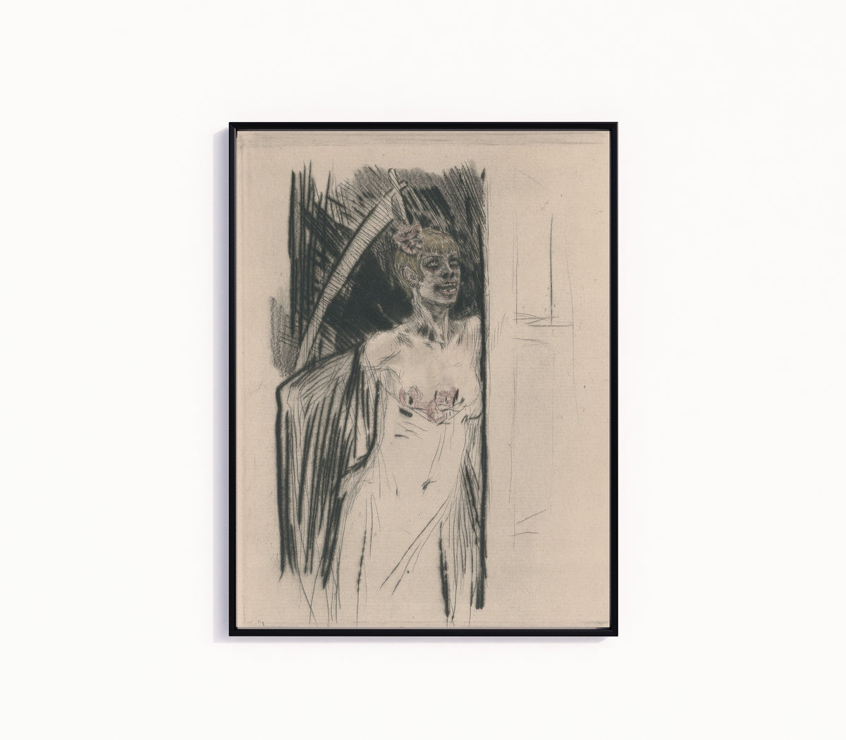 Framed art print of Mors syphilitica (2nd state, heightened proof) by Félicien Rops, in a slim black frame on a plain white wall
