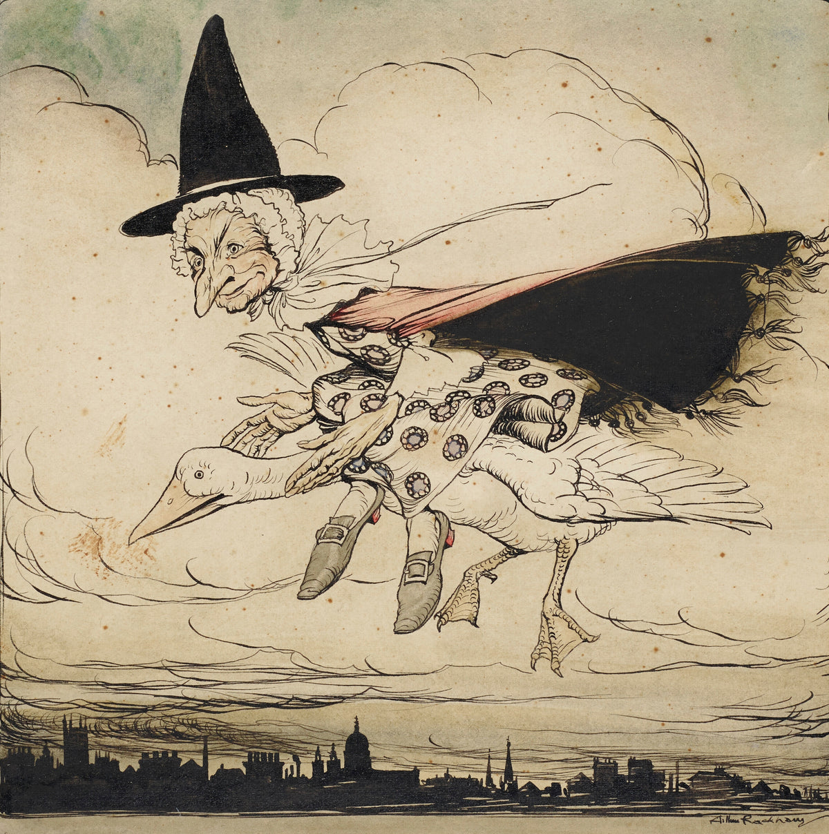 Arthur Rackham — Mother Goose Riding the Gander | Fairy Tale Illustration Print