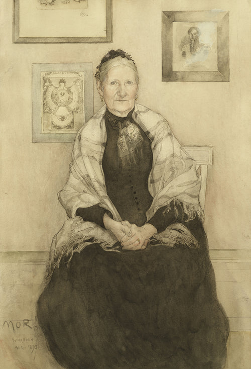 Mother by Carl Larsson — An elderly woman in a pale shawl sits upright with folded hands