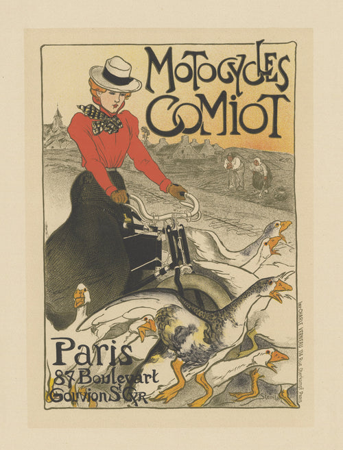 Motocycles Comiot, Paris by Théophile Steinlen — A woman on a motorcycle scatters a flock of geese