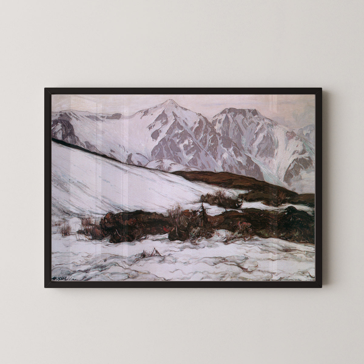 Framed art print of Mount Hakubayari by Hiroshi Yoshida, in a black frame on a pale wall