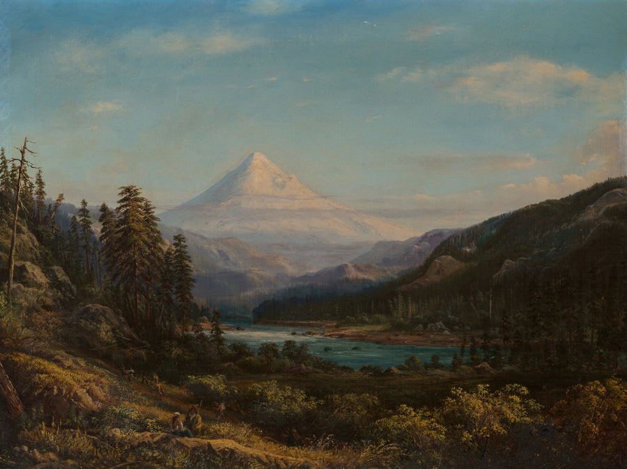 William Keith — Mount Hood from the Banks of Little Sandy River | Landscape Fine Art Print shown to scale on a wall above a sofa