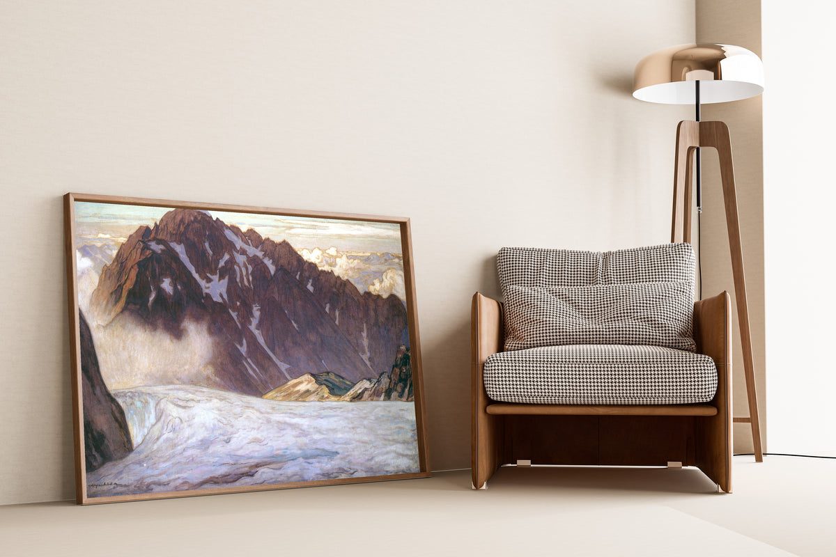 Framed art print of Mount Tsurugi by Hiroshi Yoshida, leaning against a wall beside an armchair and a floor lamp