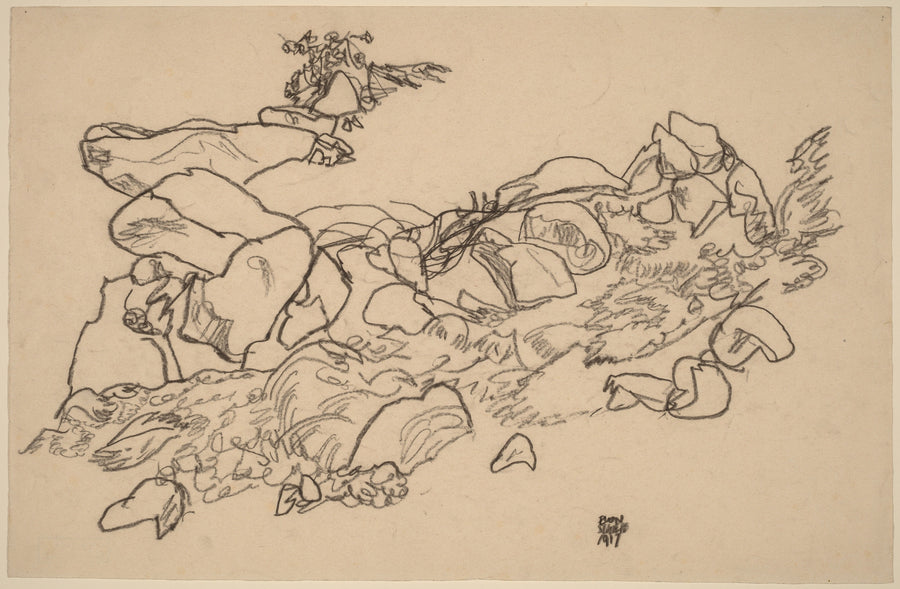 Egon Schiele — Mountain Stream | Expressionist Fine Art Print shown to scale on a wall above a sofa