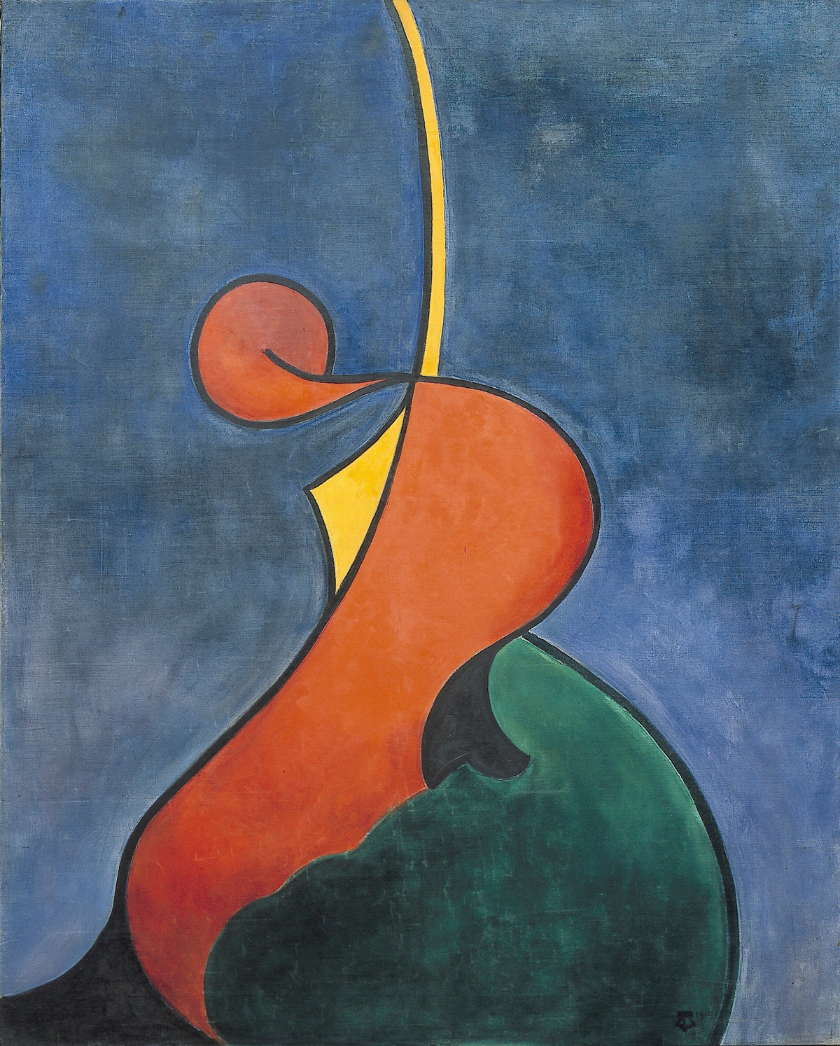 Mouvement héroïque by Theo van Doesburg — An orange form swirls upward past a green mound against deep blue