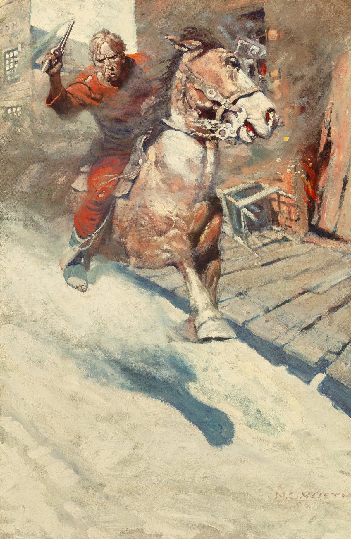 N. C. Wyeth — Mr. Cassidy … saw a crimson rider sweep down upon him … heralded by a blazing .41 | Illustration Art Print
